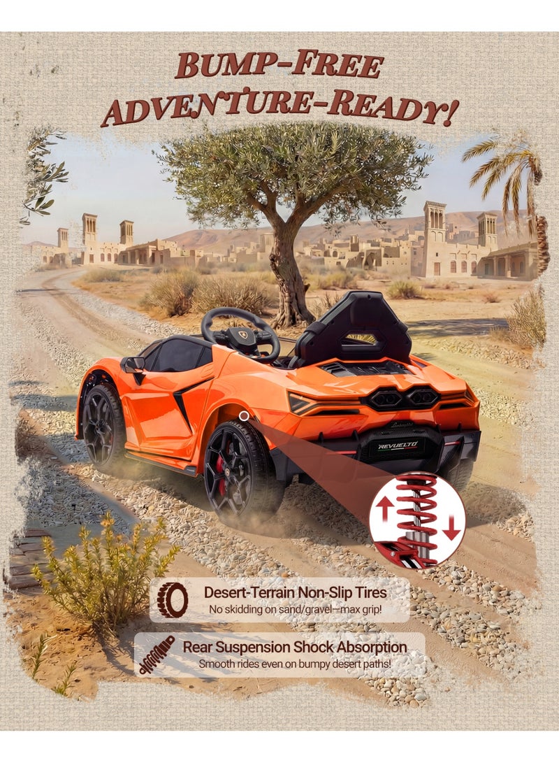 فيرست رايد أون - لعبة سيارة ركوب لامبورجيني ريفويلتو مرخصة 12 فولت، قيادة للأطفال، مع جهاز تحكم عن بعد، ألعاب ركوب للأطفال الصغار مع حزام أمان ثلاثي النقاط، 3 سرعات، بلوتوث (برتقالي) - Image 5